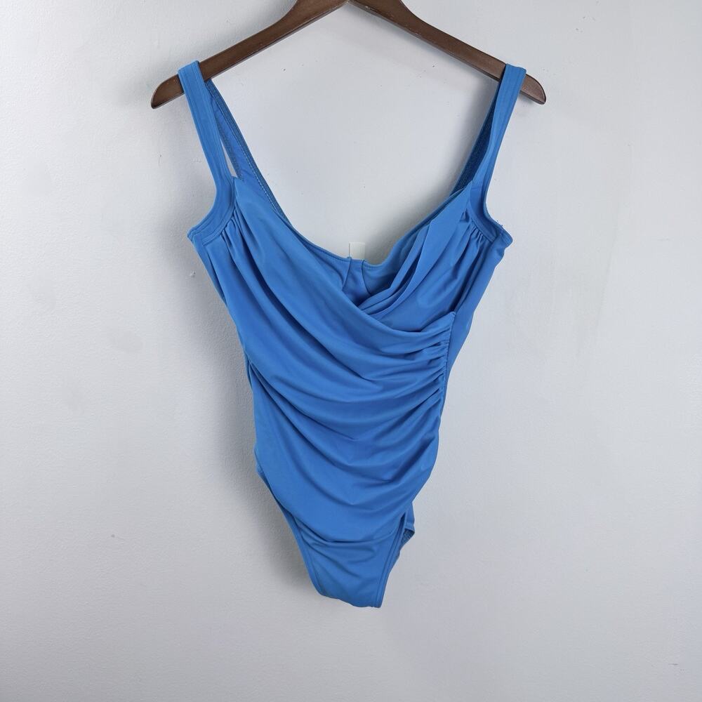 Miraclesuit Revele Criss Cross One Piece Swimsuit Blue SZ 12 MSRP $180